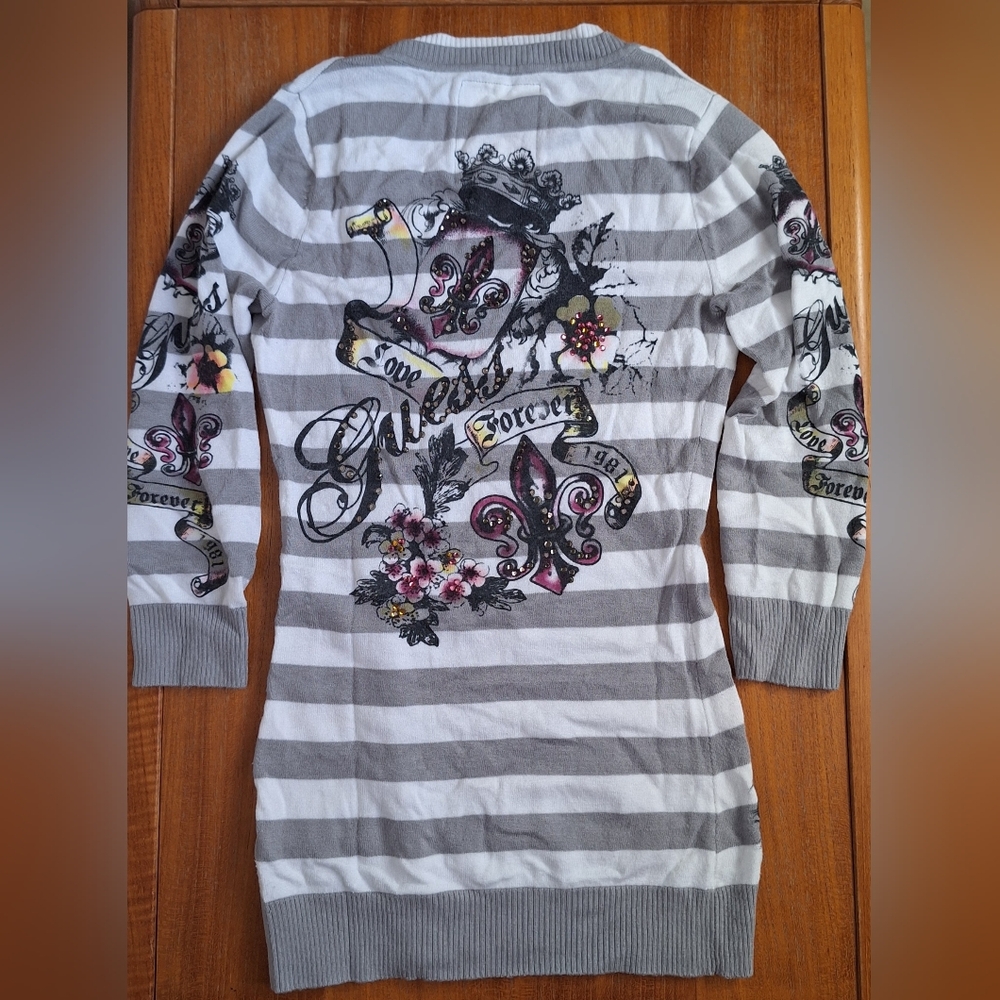 Guess Y2K Tattoo Sweater Top Embellished Rugby Stripe Punk Alternative Womens XS